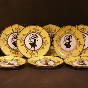Set 8 Antique RS Prussia Sterling Silver Silhouette Porcelain Plaque Plate Woman