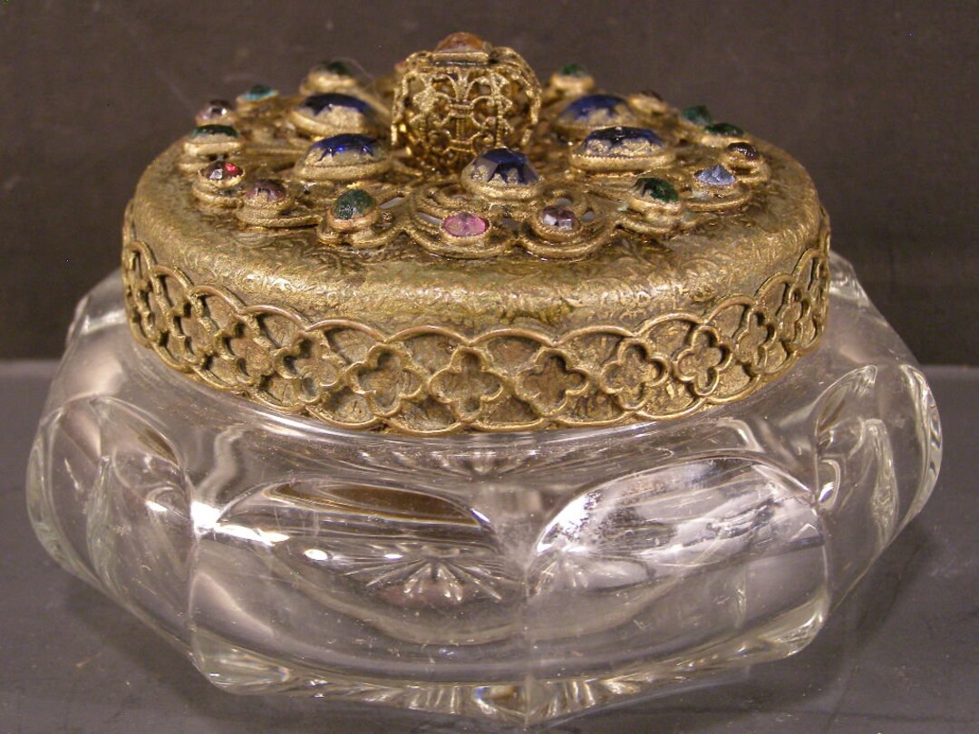 Antique Jeweled Filigree Bronze Lid Heisey Jewelry Trinket Etsy