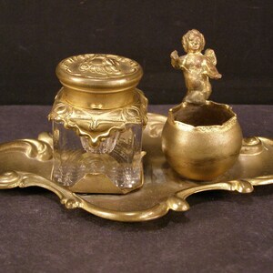 19 c Art Nouveau Gilt Cherub Figural Inkwell Stand Match Safe Holder Figurine