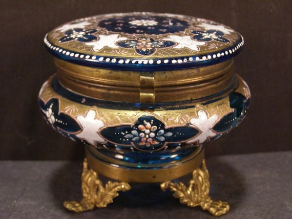 Victorian Bronze Moser Enamel Glass Gilt Trinket Jewelry Vanity Dresser Gilt Box