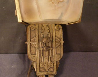 30's Antique Art Deco Theater Light Wall Sconce Curved Glass Lamp Shade Fixture
