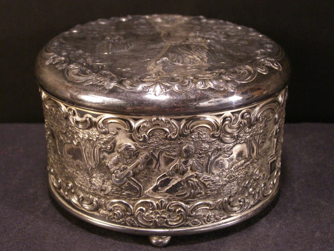 19 C Silver Dresser Vanity Jar Box Jewelry Trinket Casket Scenic
