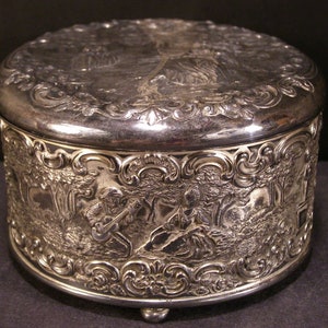 19 c Silver Dresser Vanity Jar Box Jewelry Trinket Casket Scenic Figural Silk Lined