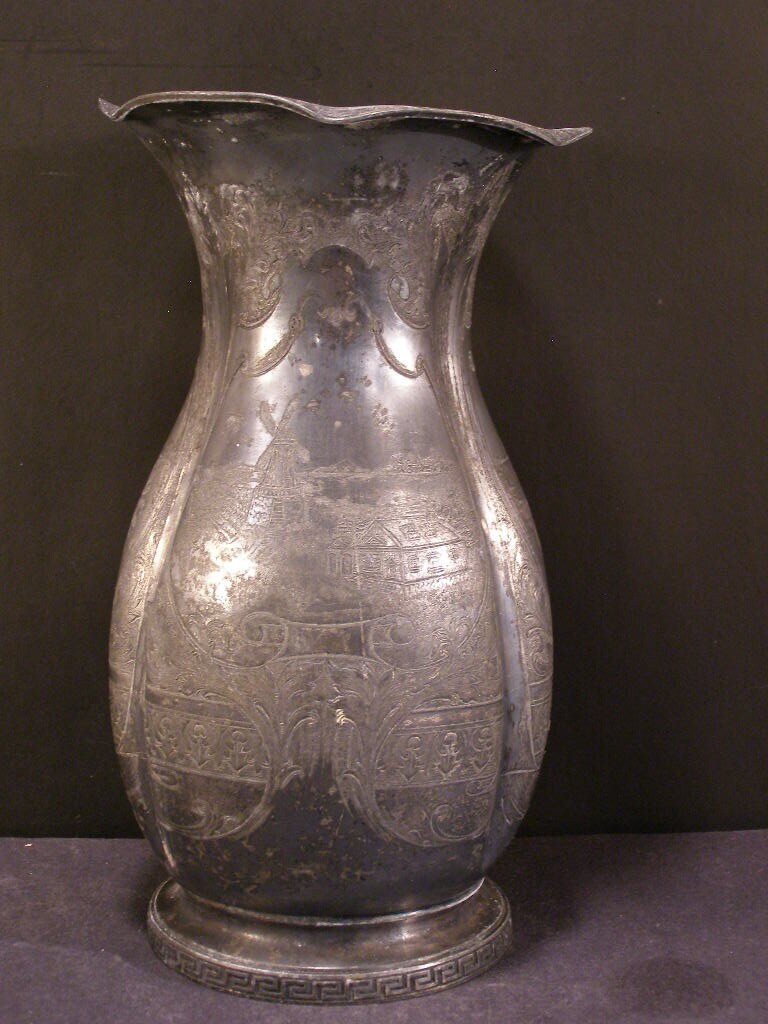 Htf 19C Victorian Silverplate Scenic Portrait Mantle Flower Melon Rib Pot Vase