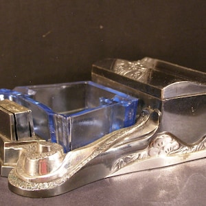 30&#39;s Deco Blue Glass Ashtray Cigarette Box Desk Match Safe Holder Trinket Case