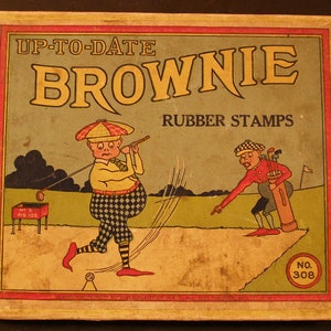 Antique 1895 Set of 8 Wood Stamps Palmer Cox Brownie Figure ORIGINAL Box Game