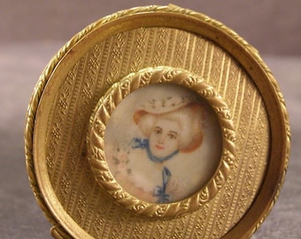 19c French Bronze Miniature Portrait Painting Trinket Jewelry Compact Powder Box