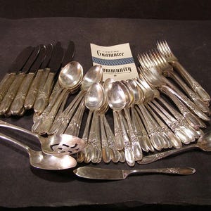 May include: A collection of silver-toned flatware including knives, forks, and spoons with ornate handles. A small card labeled Lifetime Guarantee Community is placed among the utensils. The set features various serving pieces and individual cutlery.