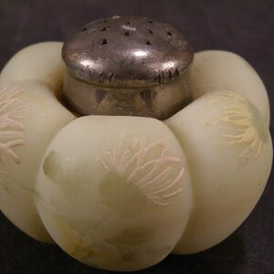 Antique Mt Washington Melon Enamel Painted Puffy Salt Shaker Lusterless Glass