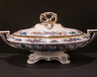 19 c Chinoiserie Polychrome Transfer Ware Ironstone Figural Covered Soup Tureen