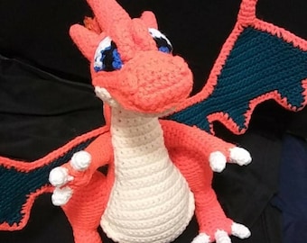 Crocheted Large Charizard Plush with Pokeball Finished Stuffed Toy Birthday\ Fan Gift