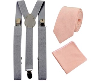 Romeo: Blush Pink Tie and Pocket Square Set with Slate Grey Braces, Cotton Tie and Pocket Square, Wedding Set, Mens Tie, Matching Set