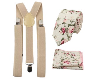 Olivia: Cream Floral Tie and Pocket Square Set with Cream Beige Braces, Cotton Tie and Pocket Square, Mens Tie, Wedding Set, Matching Set