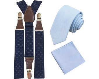 Leo: Light Blue Tie and Pocket Square Set with Navy Blue Polka Dot Braces, Cotton Tie and Pocket Square, Wedding Set, Mens Tie, Matching Set