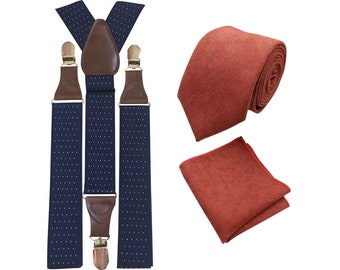 Bea: Rusty Burnt Orange Tie and Pocket Square Set with Navy Blue Polka Dot Braces, Cotton Blend Tie and Pocket Square, Wedding Set, Mens Tie