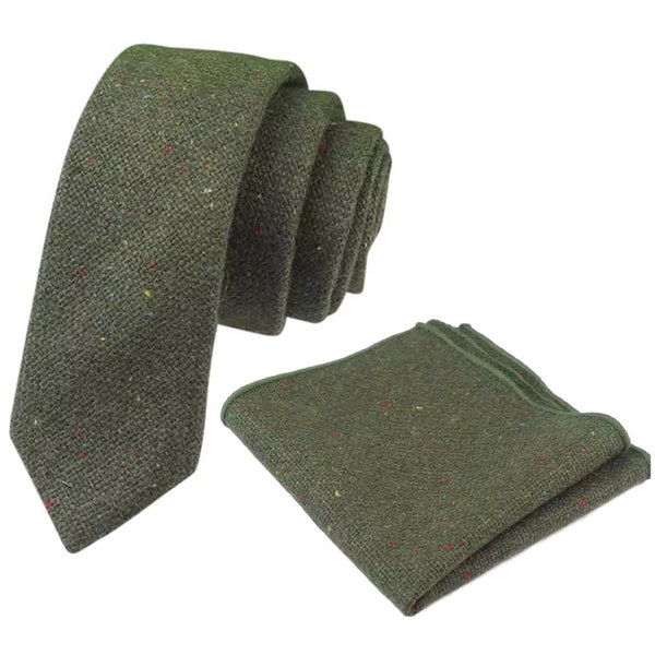 Olive Green: Tie and Pocket Square Set, Wool Tie and Pocket Square, Wedding Set, Olive Green Tie,Mens Tie, Groomsmen Gift Tie Matching Set