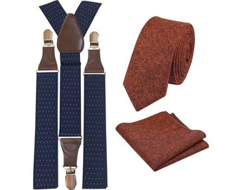 Charlie: Burnt Orange Tie and Pocket Square Set with Navy Blue Polka Dot Braces, Wool Blend Tie and Pocket Square, Wedding Set, Mens Tie,