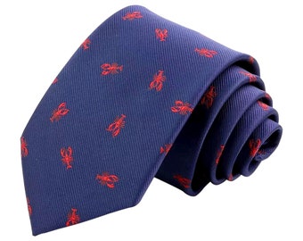 Classic Navy Blue Woven Nautical Red Lobster Print Neck Tie.  Mens Ties. Mens Gifts. Navy Blue Tie. Wedding Tie. Wedding Attire.