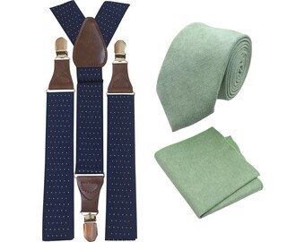 Harrison: Sage Green Tie and Pocket Square Set with Navy Blue Polka Dot Braces, Cotton Blend Tie and Pocket Square, Wedding Set, Mens Tie,