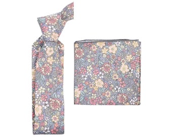 Nico: Pink & Yellow Floral Tie and Pocket Square Set, Cotton Tie and Pocket Square, Wedding Set, Floral Mens Tie,  Groomsmen Gift Tie