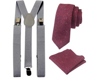 Carter: Burgundy Red Tie and Pocket Square Set with Slate Grey Braces, Wool Blend Tie and Pocket Square, Wedding Set, Mens Tie, Matching Set