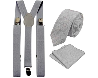Laurie: Light Grey Herringbone Tie and Pocket Square Set with Slate Grey Braces, Wool Blend Tie and Pocket Square, Wedding Set. Matching Set