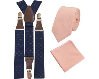 Romeo: Blush Pink Tie and Pocket Square Set with Navy Blue Polka Dot Braces, Cotton Tie and Pocket Square, Wedding Set, Mens Tie, Matching.