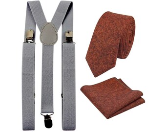 Charlie: Burnt Orange Tie and Pocket Square Set with Slate Grey Braces, Wool Blend Tie and Pocket Square, Wedding Set, Mens Tie, Matching