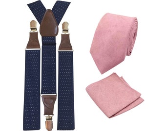 Rose: Dusty Rose Pink Tie and Pocket Square Set with Navy Blue Polka Dot Braces, Cotton Blend Tie and Pocket Square, Wedding Set, Mens Tie