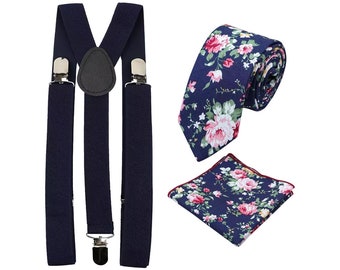 Blue Floral Tie and Pocket Square Set with Navy Blue Braces, Cotton Tie and Pocket Square, Mens Tie, Wedding Set, Matching Set