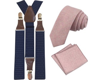 Tallulah: Dusty Pink Tie and Pocket Square Set with Navy Blue Polka Dot Braces, Wool Blend Tie and Pocket Square, Wedding Set, Mens Tie.