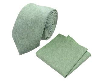 Harrison: Sage Green Skinny Tie & Pocket Square Set Groomsmen Gifts, Wedding Attire, Cotton Blend, Excellent Reviews, Christmas Gift