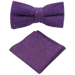 Theo: Bow Tie and Pocket Square Set, Wool Tie Bow Tie Pocket Square, Wedding Set, Purple Flecked Tie, Bow Tie, Groomsmen Gift Bow Tie Set