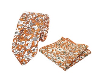 Nora: Orange Floral Tie and Pocket Square Set, Cotton Tie and Pocket Square, Wedding Set, Floral Mens Tie, Groomsmen Gift Tie