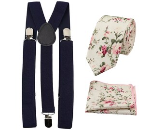 Olivia: Cream Floral Tie and Pocket Square Set with Navy Blue Braces, Cotton Tie and Pocket Square, Mens Tie, Wedding Set, Matching Set