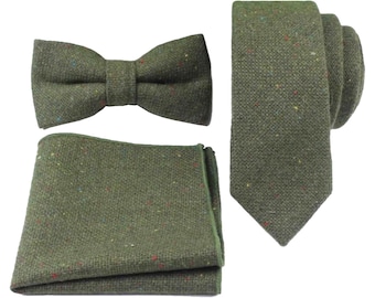 Olive Green Tweed Neck Tie, Bow Tie & Pocket Square Set Groomsmen Gifts, Wedding Attire, Wool, Excellent Reviews, Xmas Gift, Stocking Filler