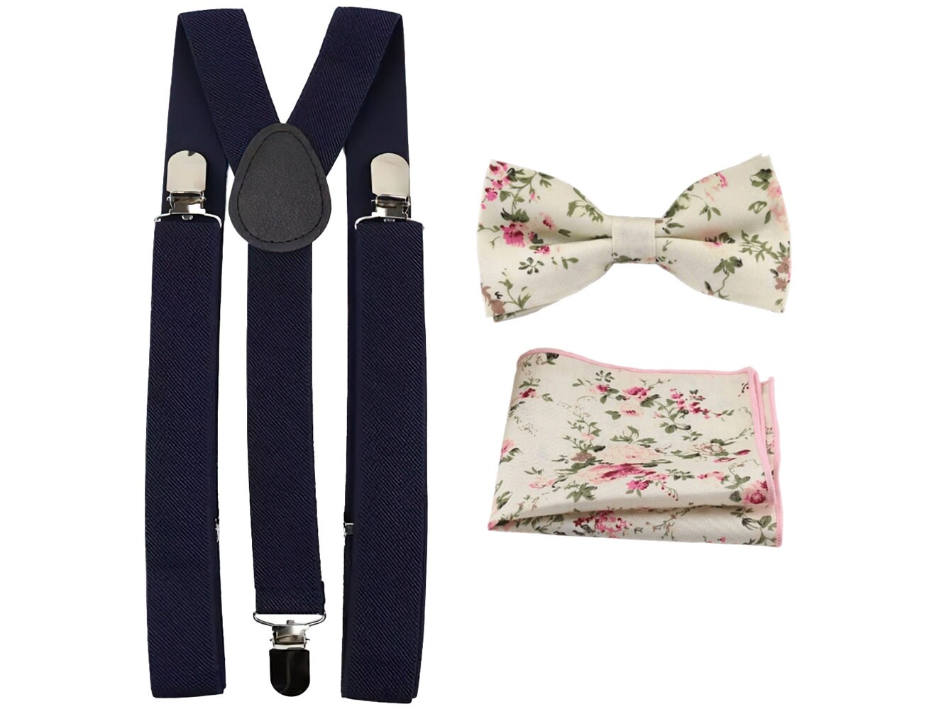 Olivia: Cream Floral Bow Tie Pocket Square and Navy Braces - Etsy