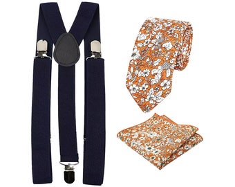 Nora: Orange Floral Tie and Pocket Square Set with Navy Blue Braces, Cotton Tie and Pocket Square, Mens Tie, Wedding Set, Matching Set