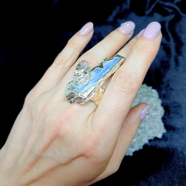 Big ring Dragon jewelry, Blue kyanite raw herkimer diamond ring, Fantasy jewelry, Fine aesthetic jewelry, Unusual ring for women