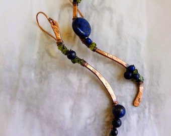 Long earrings, Lapis lazuli earrings Peridot, Art deko jewelry, Everyday earrings, Unique gift for women, Wire earrings, Birtday gift