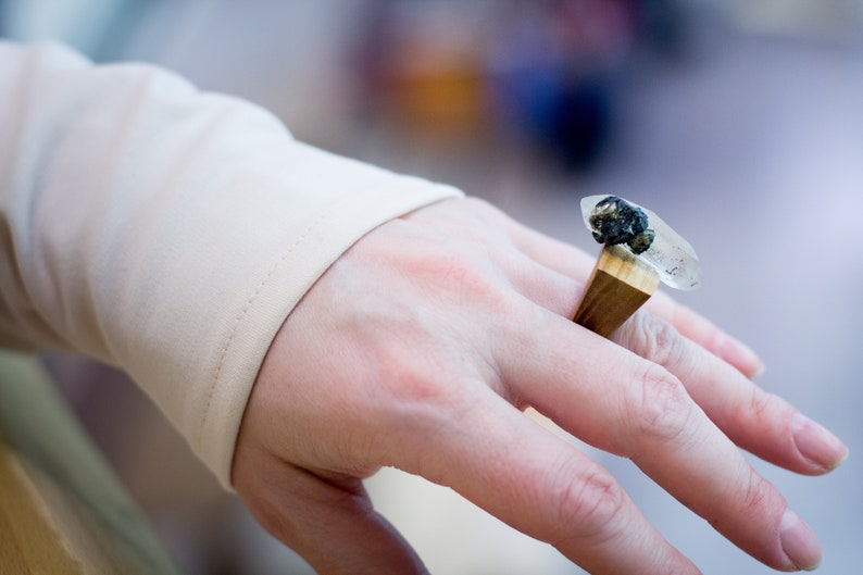 Wooden ring for women, Clear quartz, Iron pyrite, Big ring, Wooden jewelry, Eco friendly ash wood ring, Unique ring, Rock crystal image 2