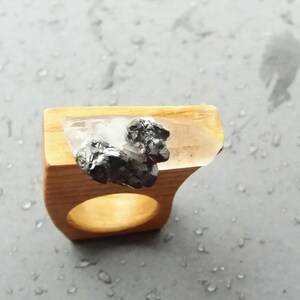 Wooden ring for women, Clear quartz, Iron pyrite, Big ring, Wooden jewelry, Eco friendly ash wood ring, Unique ring, Rock crystal image 7