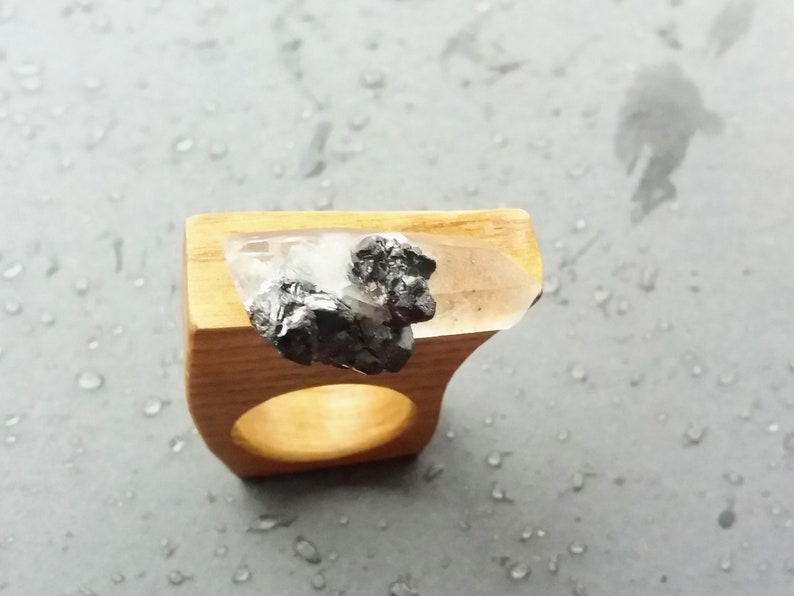 Wooden ring for women, Clear quartz, Iron pyrite, Big ring, Wooden jewelry, Eco friendly ash wood ring, Unique ring, Rock crystal image 7