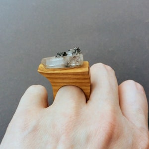 Wooden ring for women, Clear quartz, Iron pyrite, Big ring, Wooden jewelry, Eco friendly ash wood ring, Unique ring, Rock crystal image 3