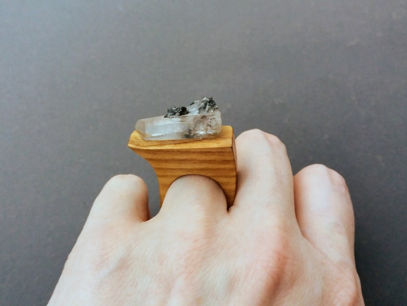 Wooden ring for women, Clear quartz, Iron pyrite, Big ring, Wooden jewelry, Eco friendly ash wood ring, Unique ring, Rock crystal image 3