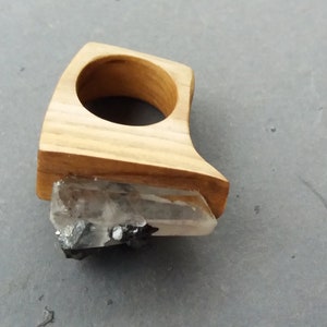 Wooden ring for women, Clear quartz, Iron pyrite, Big ring, Wooden jewelry, Eco friendly ash wood ring, Unique ring, Rock crystal image 4