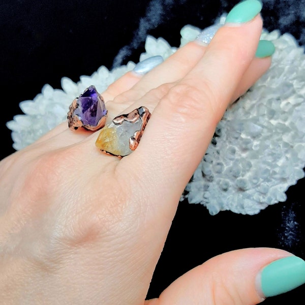 Raw stone ring, Raw amethyst ring, Raw citrin ring, Dainty ring, Small double ring, Special occasions and everyday jewelry, Mothers day gift