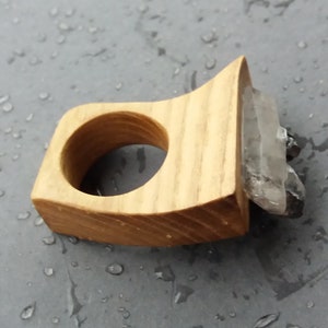 Wooden ring for women, Clear quartz, Iron pyrite, Big ring, Wooden jewelry, Eco friendly ash wood ring, Unique ring, Rock crystal image 9