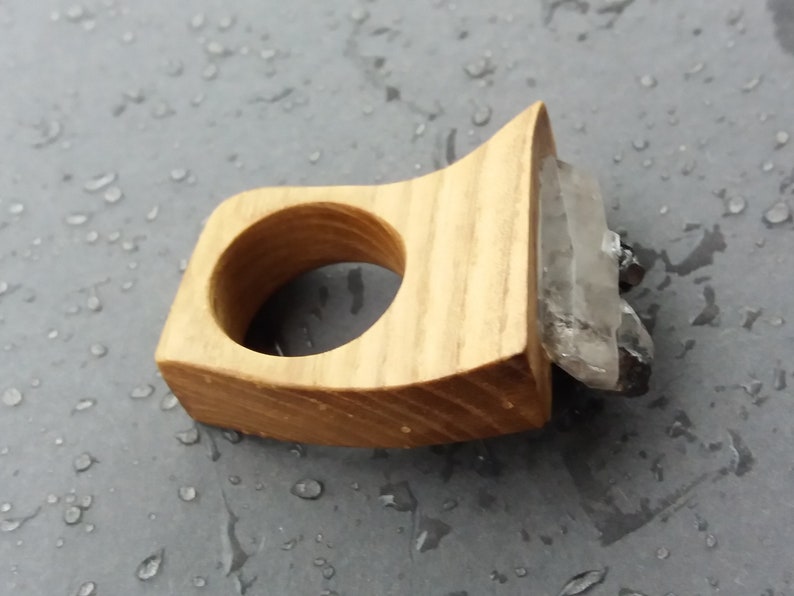 Wooden ring for women, Clear quartz, Iron pyrite, Big ring, Wooden jewelry, Eco friendly ash wood ring, Unique ring, Rock crystal image 9