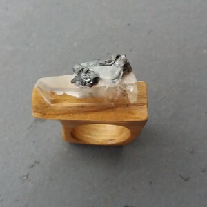 Wooden ring for women, Clear quartz, Iron pyrite, Big ring, Wooden jewelry, Eco friendly ash wood ring, Unique ring, Rock crystal image 5